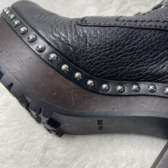 Miu Miu Women's Black Leather Heeled Lace Up Wooden Boots Size 40 - Picture 10 of 16